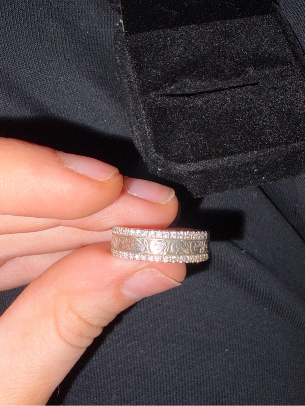 Sterling Silver Floral Band Ring with diamond edge